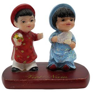 Vietnamese Boy & Girl Child Figurine Souvenir Wood Base Hand Painted 3.25" x 3"